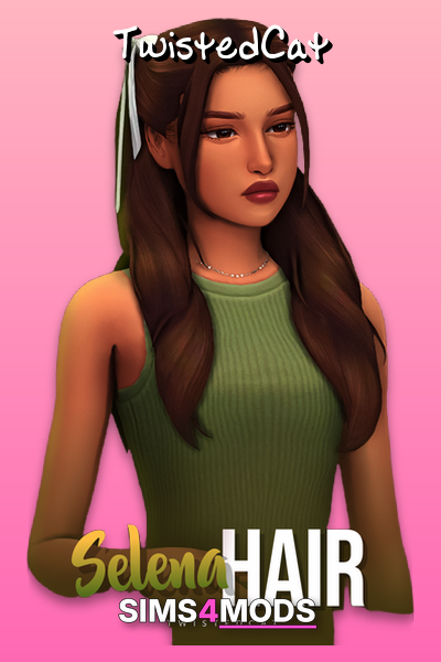 Selena Hair Cc - Sims 4 Hair, Waves, Ribbon - Beautiful, easy sims hair, light bow.