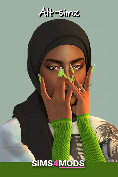 Hijab Nails Eyes Rings Outfit 1 Top Pants Necklace Boots Outfit 2 Necklace Top Pants Boots Outfit 3 Top Altsimz On Tumblr - Stylish hijab, lime green, Sims 4 fashion