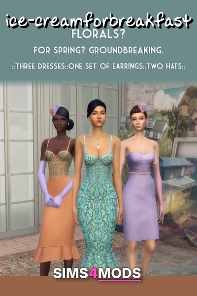 Spring Floral Dress Set - Elegant floral dresses, hats, and earrings.