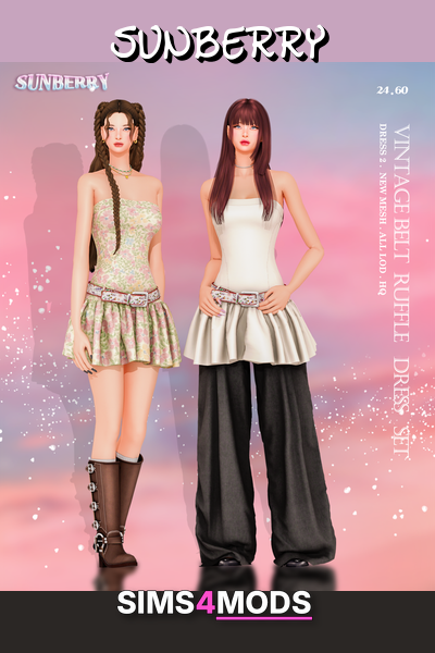 Sunberry Vintage Belt Ruffle Dress Set - Retro dress/culottes set, adjustable style.